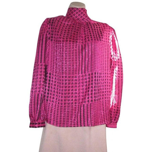 Pink And Black Hounds-Tooth Print Silky Polyester With Tie Neck Vintage Secretary Top