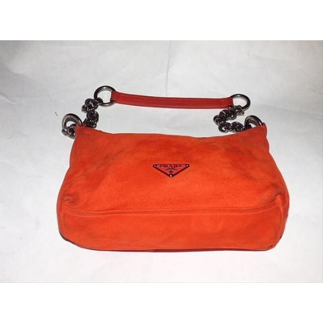 Prada Style Shoulder Purse Reddish Orange Suede And Leather With A Chrome Chain Strap Hobo Bag