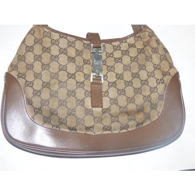 Gucci Jackie Vintage Style Shoulder Purse Brown Large G Logo Print Leather Canvas Hobo Bag