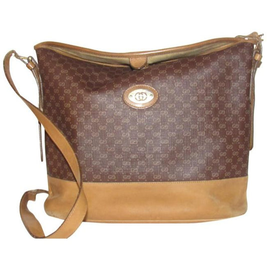 Gucci Camel Micro Logo Print On Brown Leather Bucket Bag