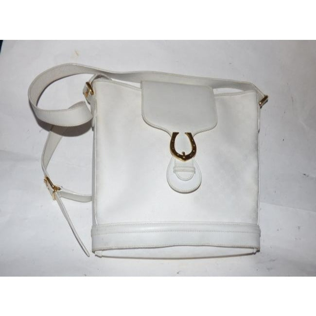 Gucci White Micro Logo Print Leather Horseshoe Bucket Bag