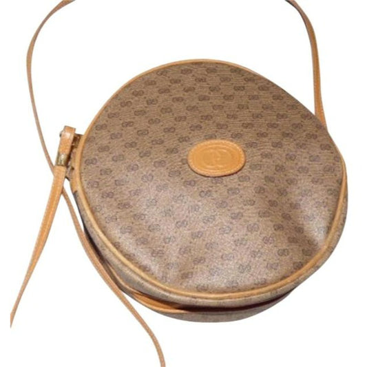 Gucci Vintage Camel Leather And Small G Logo Print Coated Canvas In Shades Of Browns