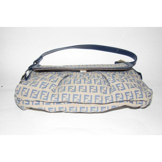 Fendi Pursesdesigner Purses Blue Small F Logo Print On Tan Canvas And Navy Leather Hobo Bag