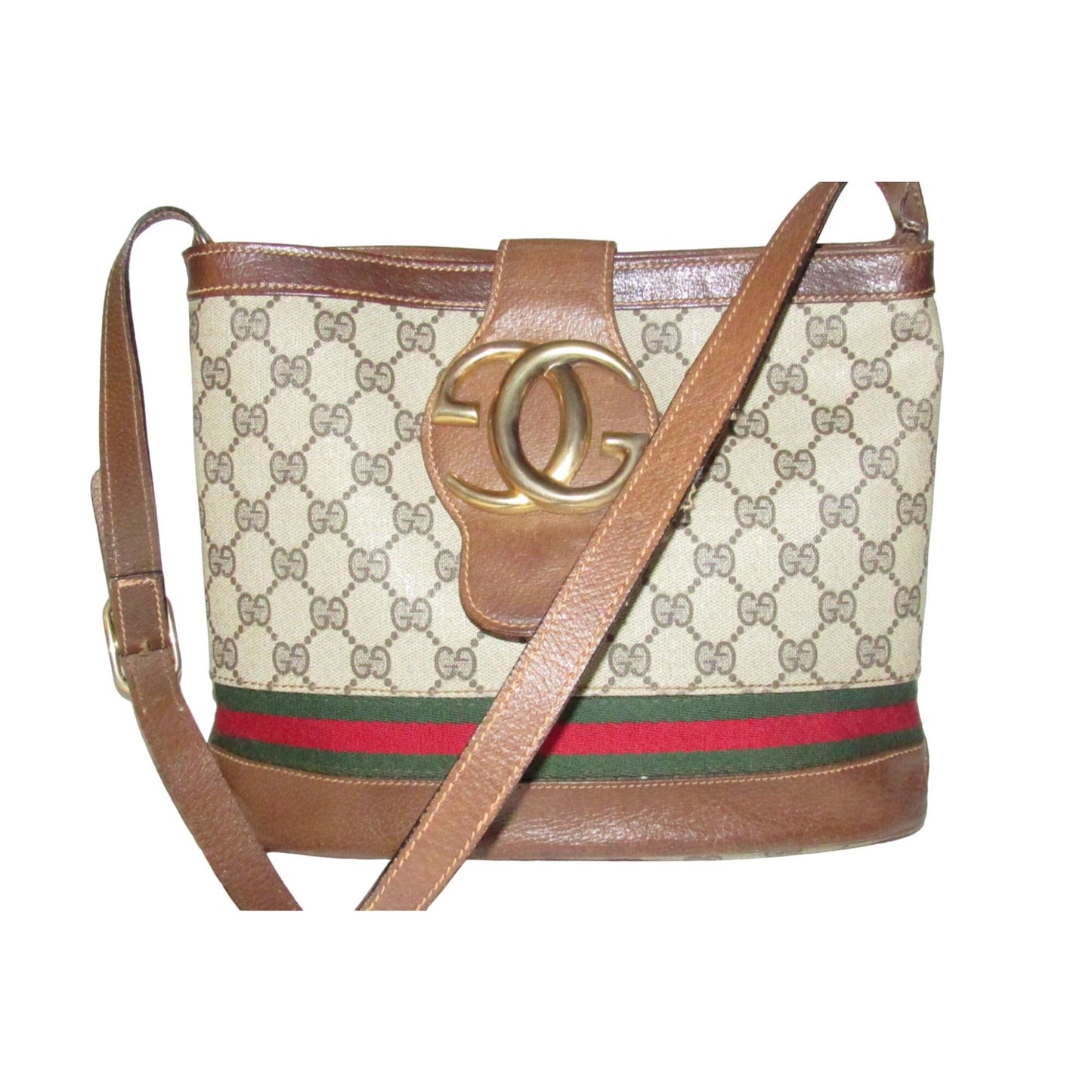 RARE, Gucci, brown Guccissima print canvas & leather, bucket bag with an XL bold gold 'GG' & red & green stripe
