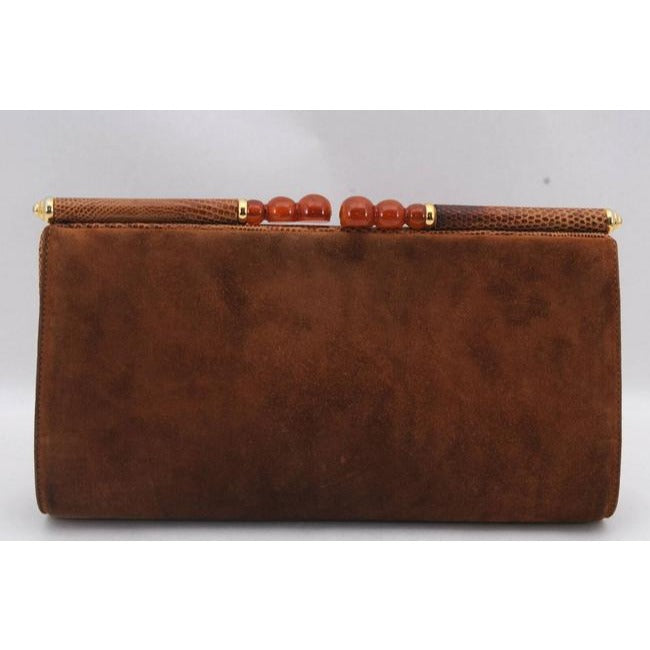 Gucci Caramel Suede Clutch With Reptile Trim And Resin Accent Clasp