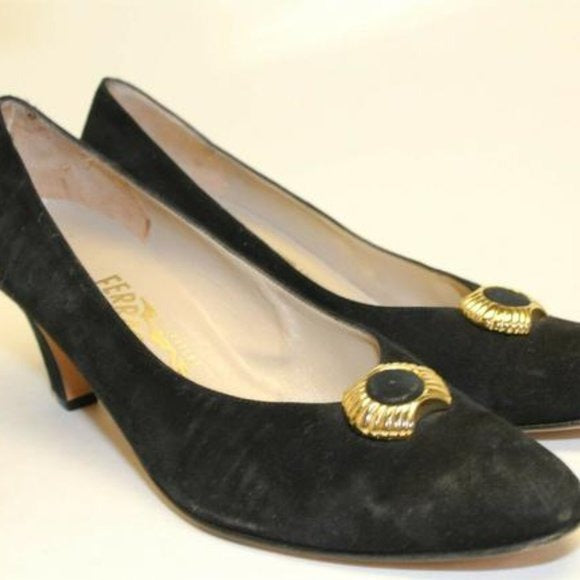 Salvatore Ferragamo black suede kitten Heels with round, scalloped gold and enamel, buckle accents!