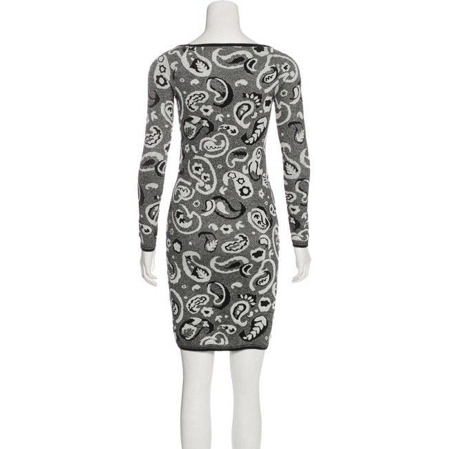 M Missoni Silver Black And White Paisley Intarsia Motif Metallic Print Sweater Mid Length Short Dress