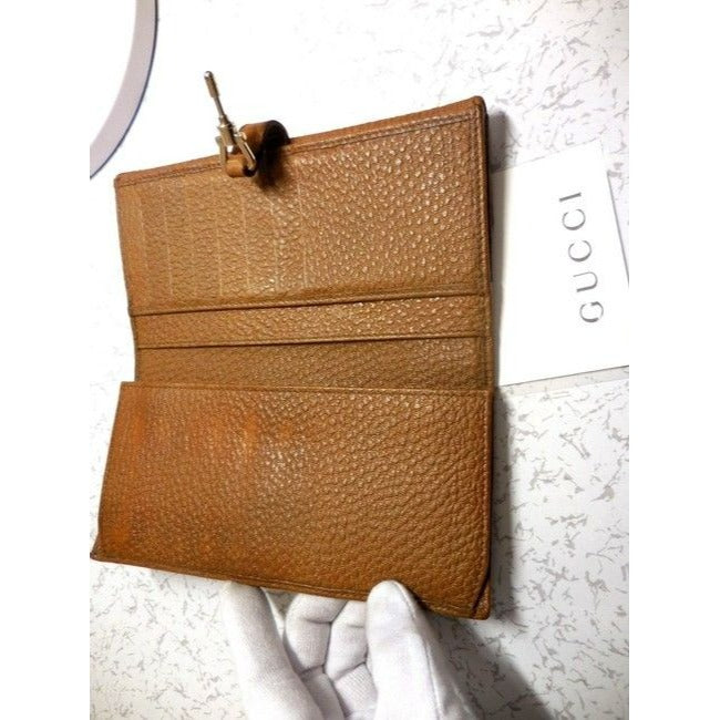 Gucci Camel Textured Leather Jackie Style Checkbook Size Wallet With A Gold Piston Closure