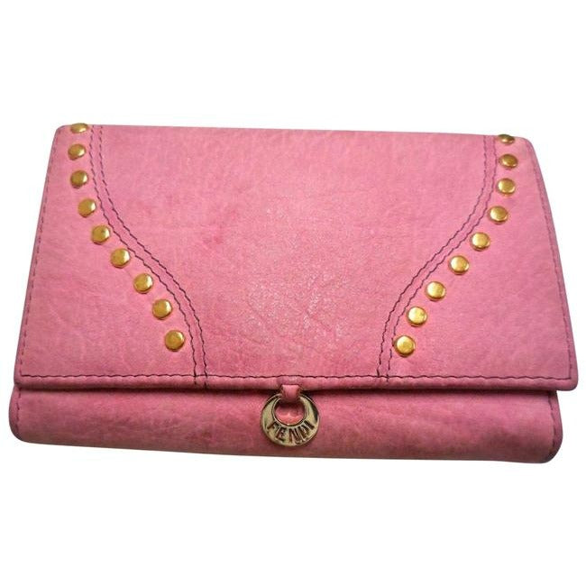 Fendi Pink Suede Leather With Gold Studs Bi Fold Wallet