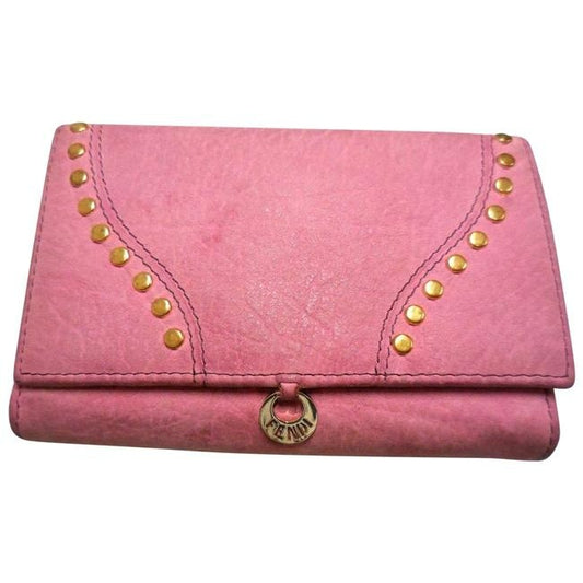 Fendi Pink Suede Leather With Gold Studs Bi Fold Wallet