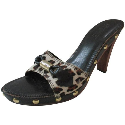 Franco Sarto Black Leopard Wood Short Hair Brass Studded Mulesslides Size Us