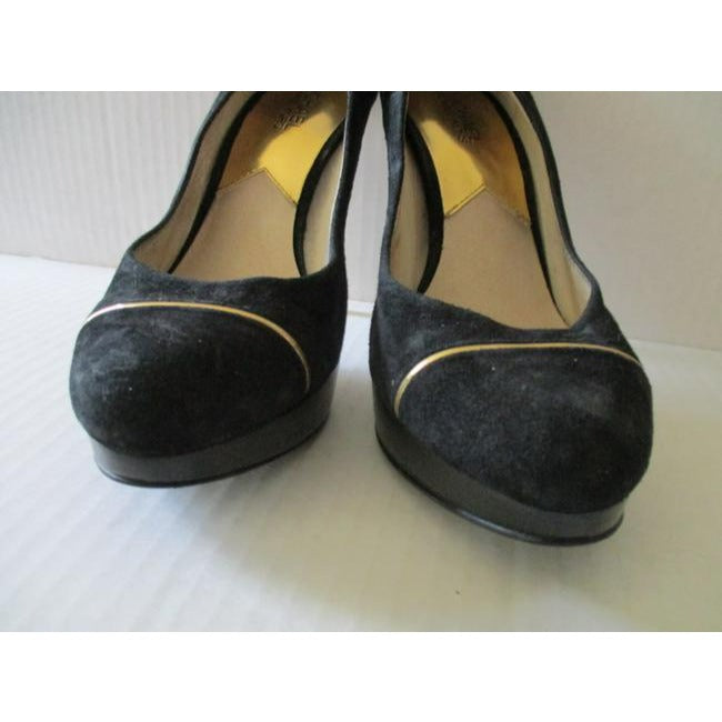 SALE! Michael Kors Black Suede Gold Heels And Piping Classic Platform Pumps Size 8M Us