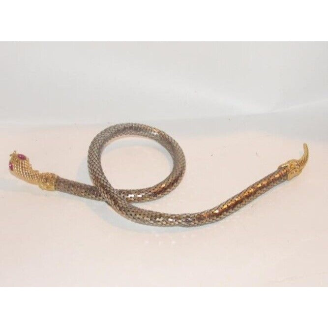 Whiting & Davis vtg silver & gold mesh snake necklace with red stone eyes!