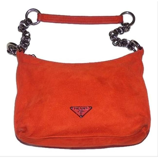 Prada Style Shoulder Purse Reddish Orange Suede And Leather With A Chrome Chain Strap Hobo Bag