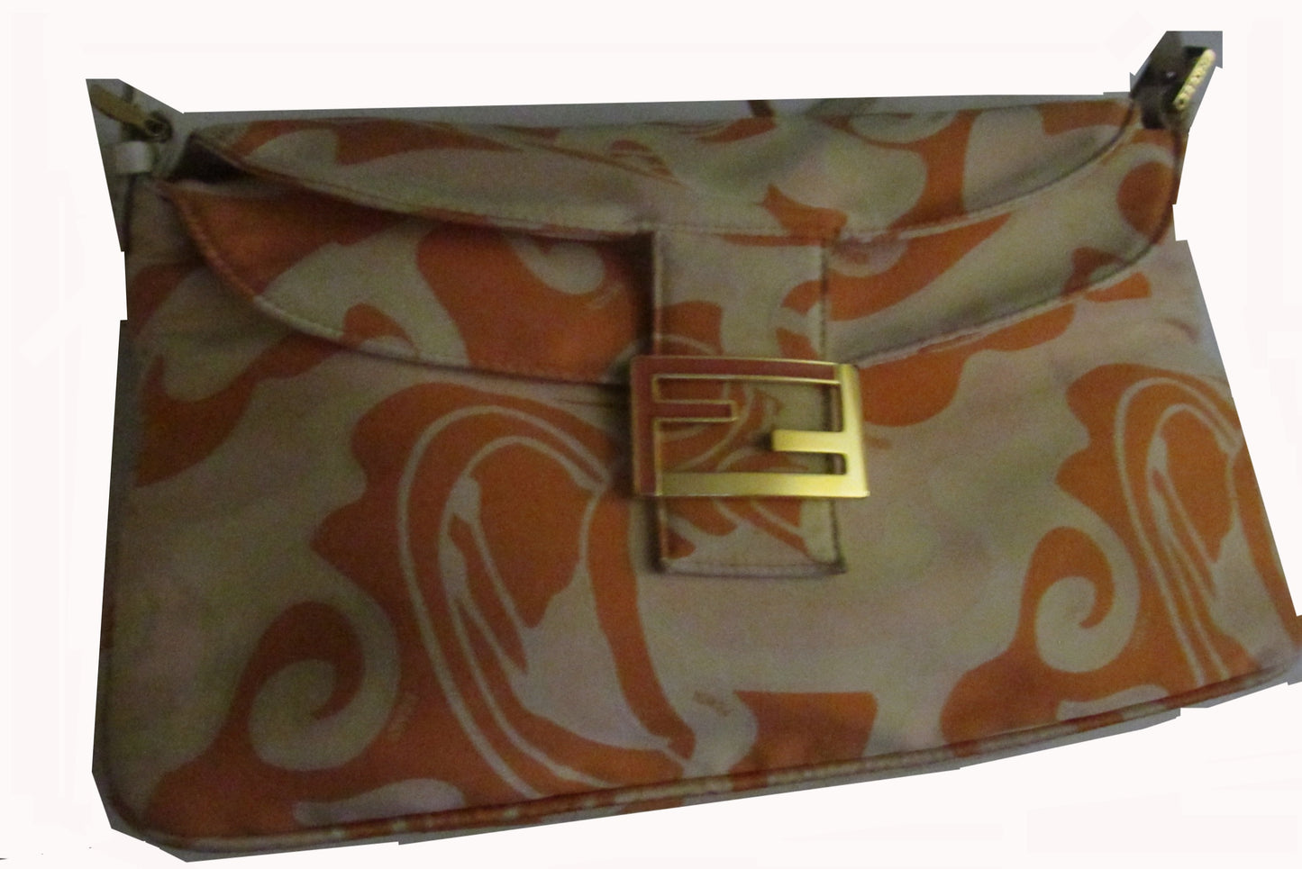 Limited Edition Fendi abstract orange & pink print silk & leather double flap top baguette 2K/2.2K
