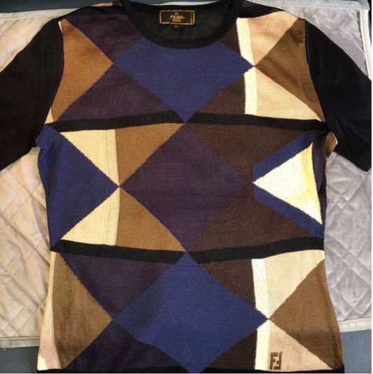 Fendi Black Purple, Brown,& Blue, Graphic Zucca Logo Print Knit Blouse