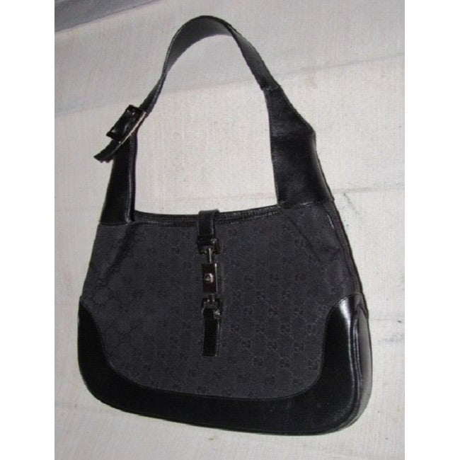 Gucci Jackie Black Charcoal Gray Leather Canvas Hobo Bag