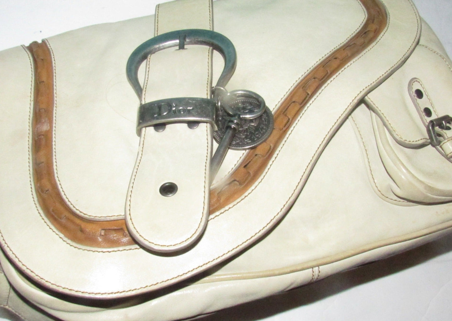 Christian Dior, 'Gaucho' style, ivory leather, large size, saddle bag with Southwestern chrome hardware