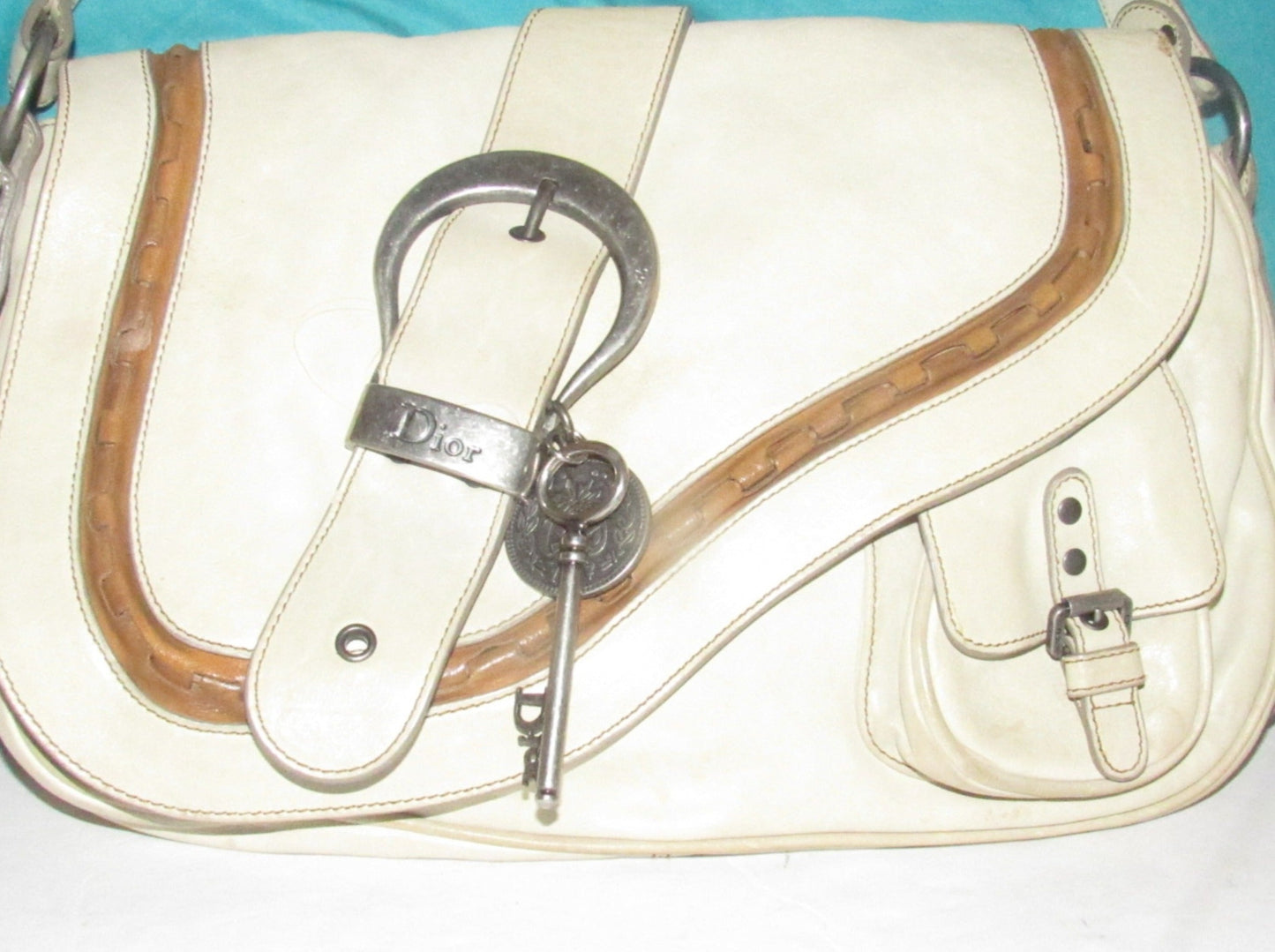 Christian Dior, 'Gaucho' style, ivory leather, large size, saddle bag with Southwestern chrome hardware