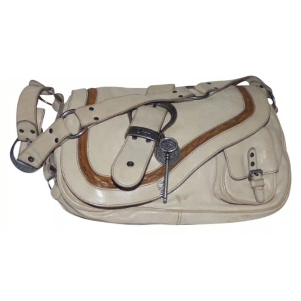 Christian Dior, 'Gaucho' style, ivory leather, large size, saddle bag with Southwestern chrome hardware