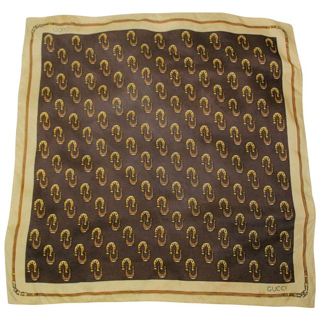 Gucci Tan Brown Horseshoe Logo Equestrian And Print Silk Scarf