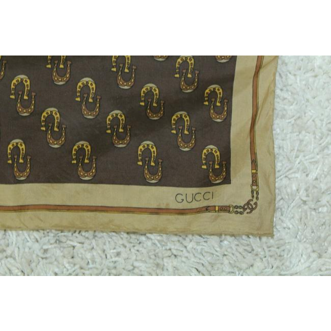Gucci Tan Brown Horseshoe Logo Equestrian And Print Silk Scarf