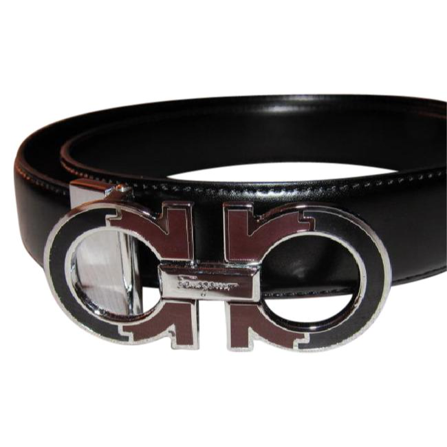 Ferragamo Black/Brown Leather W Gancini Buckle