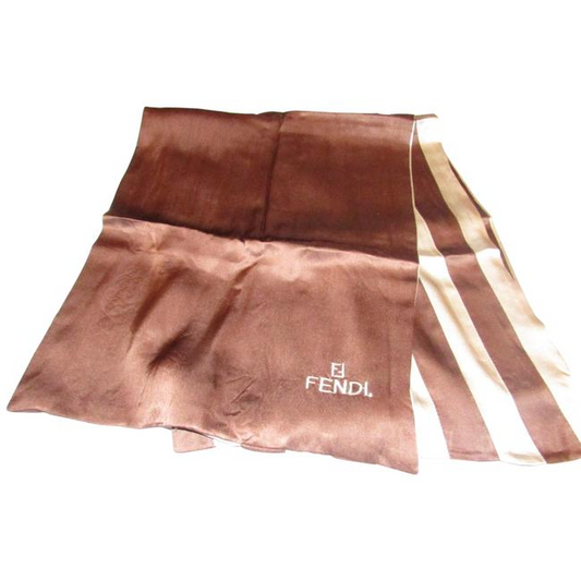 Fendi Ivory Brown Pequin Print Double Sided Silk Scarf