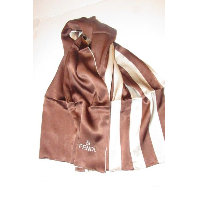 Fendi Ivory Brown Pequin Print Double Sided Silk Scarf