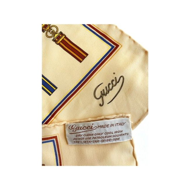 Gucci Blue Brown Gold Equestrian Logo Print Silk Scarf