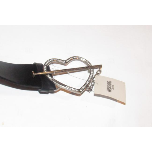 Moschino Black Leather Belt w XL Chrome Heart Buckle w Crystals