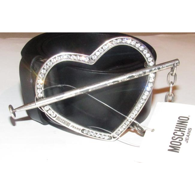 Moschino Black Leather Belt w XL Chrome Heart Buckle w Crystals