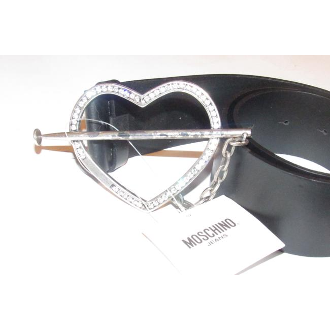 Moschino Black Leather Belt w XL Chrome Heart Buckle w Crystals