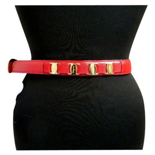 Ferragamo Red Leather Belt w Gold Vara Accents