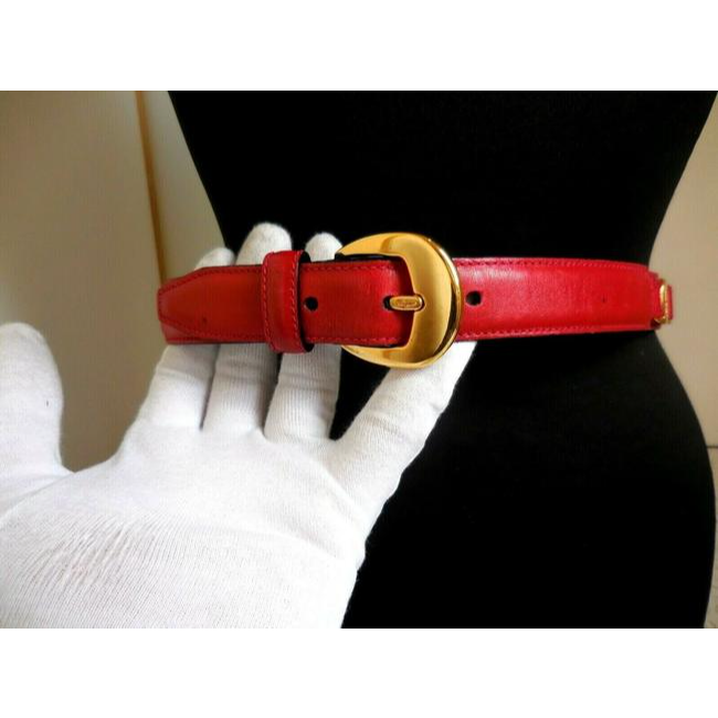 Ferragamo Red Leather Belt w Gold Vara Accents