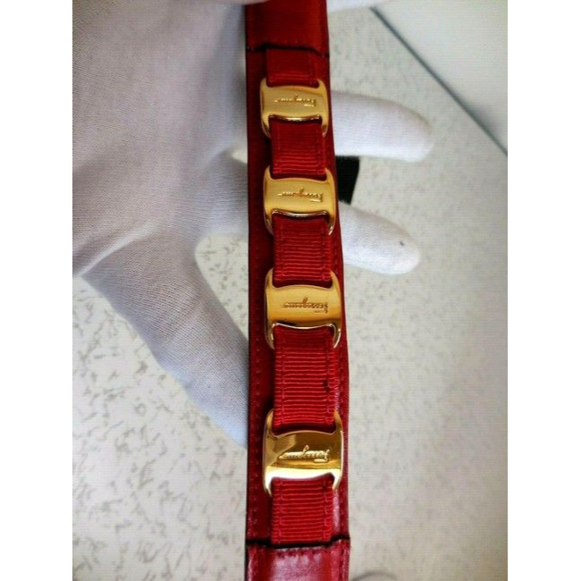 Ferragamo Red Leather Belt w Gold Vara Accents