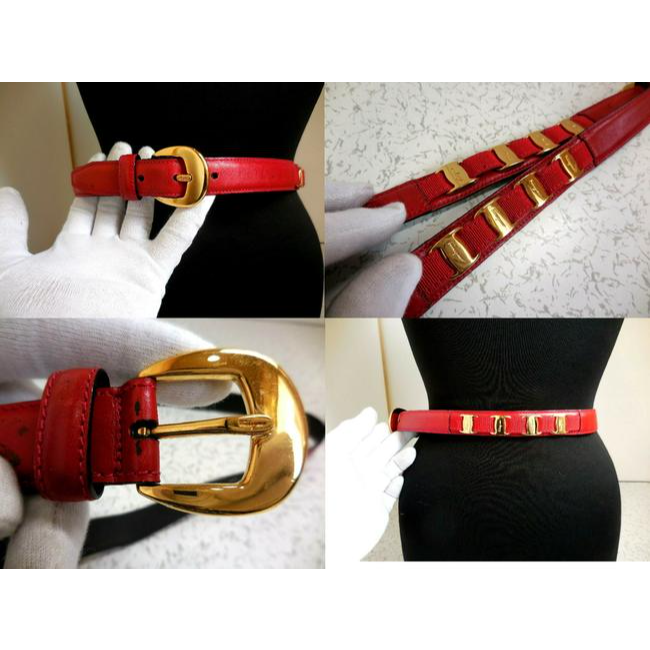 Ferragamo Red Leather Belt w Gold Vara Accents