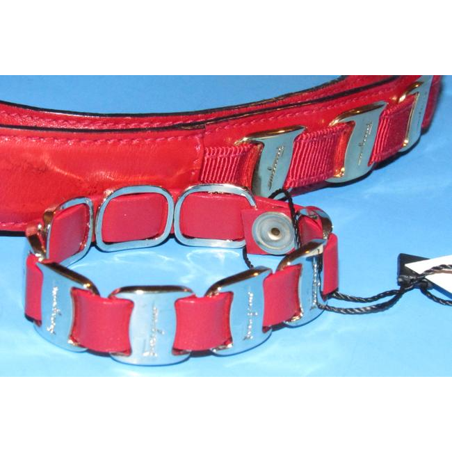 Ferragamo Red Leather Belt w Gold Vara Accents