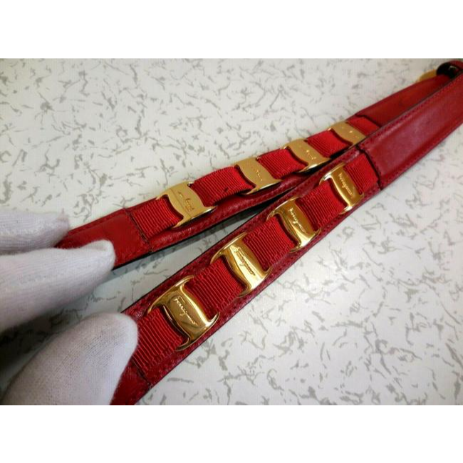 Ferragamo Red Leather Belt w Gold Vara Accents