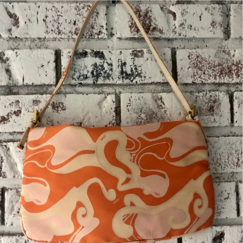 Limited Edition Fendi abstract orange & pink print silk & leather double flap top baguette 2K/2.2K