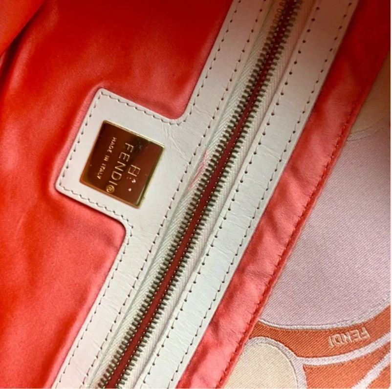 Limited Edition Fendi abstract orange & pink print silk & leather double flap top baguette 2K/2.2K