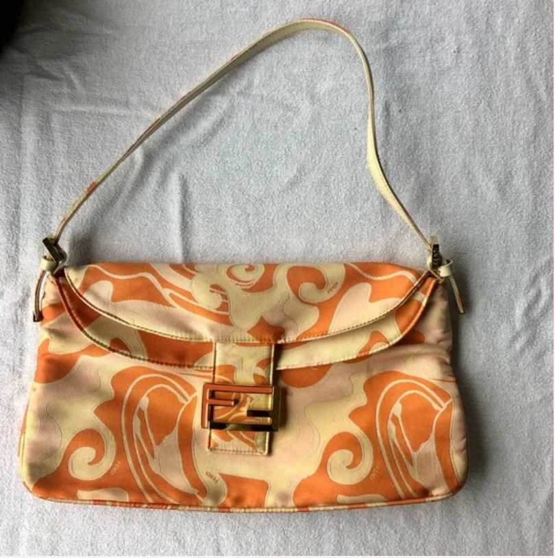 Limited Edition Fendi abstract orange & pink print silk & leather double flap top baguette 2K/2.2K