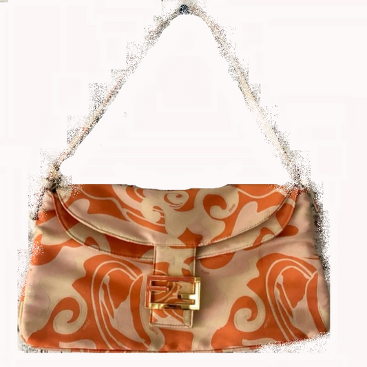Limited Edition Fendi abstract orange & pink print silk & leather double flap top baguette 2K/2.2K