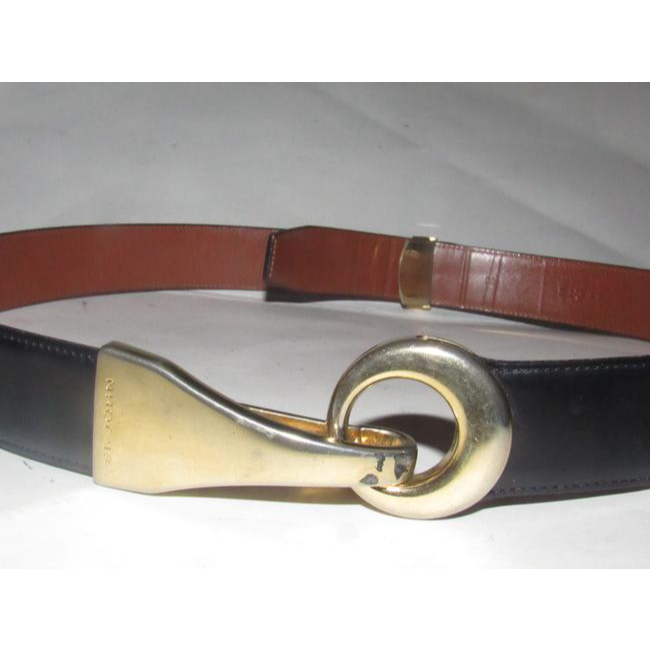 St John Glossy Black Leather Belt w Gold Horse-bit