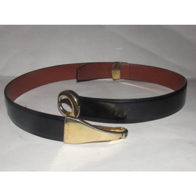 St John Glossy Black Leather Belt w Gold Horse-bit