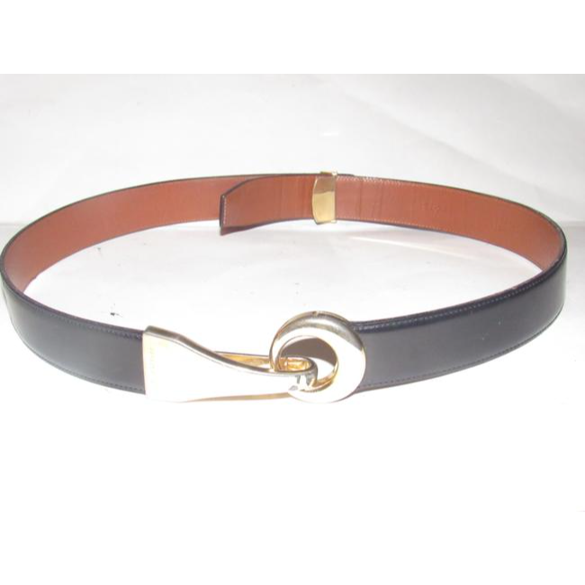 St John Glossy Black Leather Belt w Gold Horse-bit