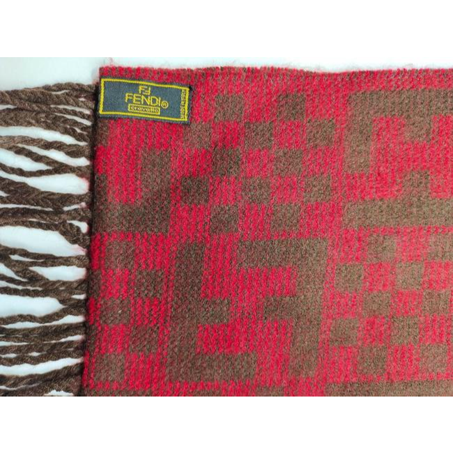 Fendi Red Brown Zucca Print Logo Wool Scarf