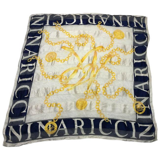 Nina Ricci Navy Gold White Print Nautical Equestrian Logo Silk Scarf