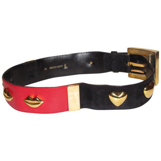 Escada Red Leather And Black Suede With Bold Gold Lips And Hearts Accessoriesdesigner Belt