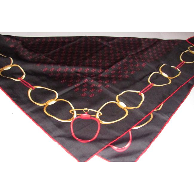 Gucci Black Gold Red Logo Xl And Equestrian Print Silk Scarf